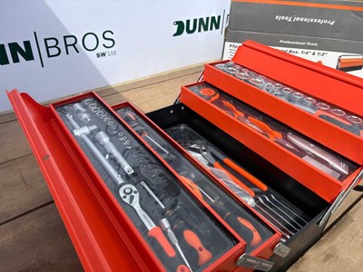 Lot Unused 85 PC Tool Set 1/4" & 1/2" In Metal Tool Box
